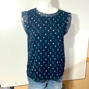 ANN TYLOR SLEEVES CHIFFON LINED BLOUSE RUFFLED CUT SLEEVES NAVY BLUE GREEN SMALL